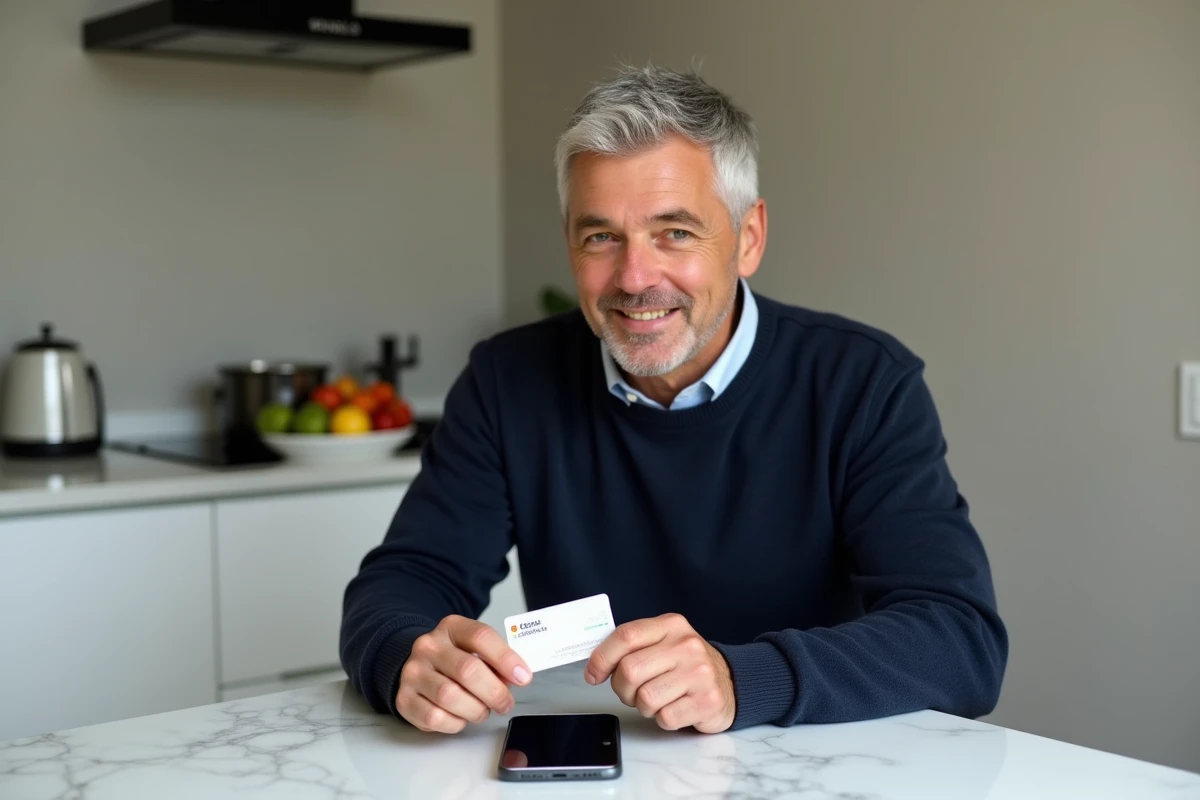 Homme activant sa carte de fidélité My Very Best sur smartphone depuis sa cuisine