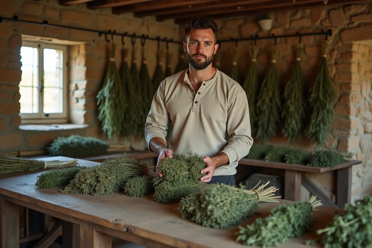 Jeune agriculteur triant des herbes aromatiques séchées dans une grange en pierre sur une exploitation PPAM