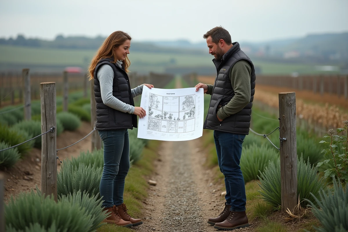 Deux agriculteurs débutants étudiant un plan parcellaire devant leur petite exploitation de plantes aromatiques et médicinales