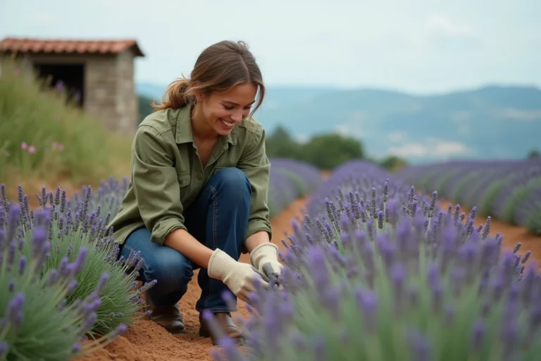 Jeune agricultrice inspectant des plants de lavande sur une petite exploitation de PPAM en milieu rural