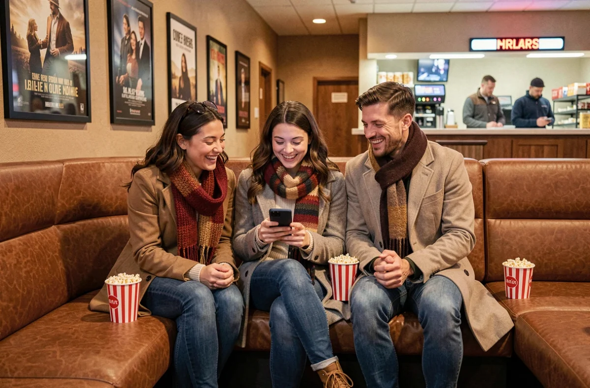 Groupe d'amis dans le hall d'un cinéma de Liévin consultant le programme de la semaine