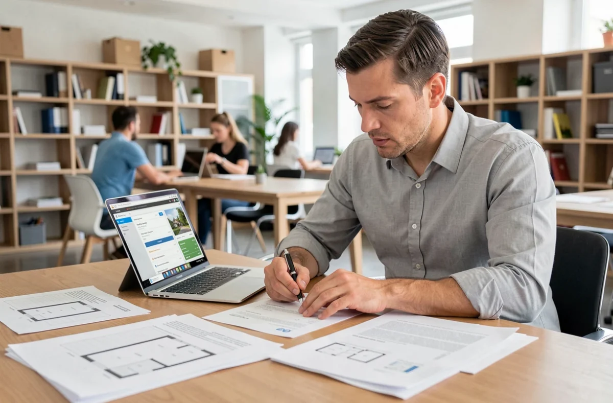 Homme analysant des documents immobiliers avant de participer à une vente aux enchères