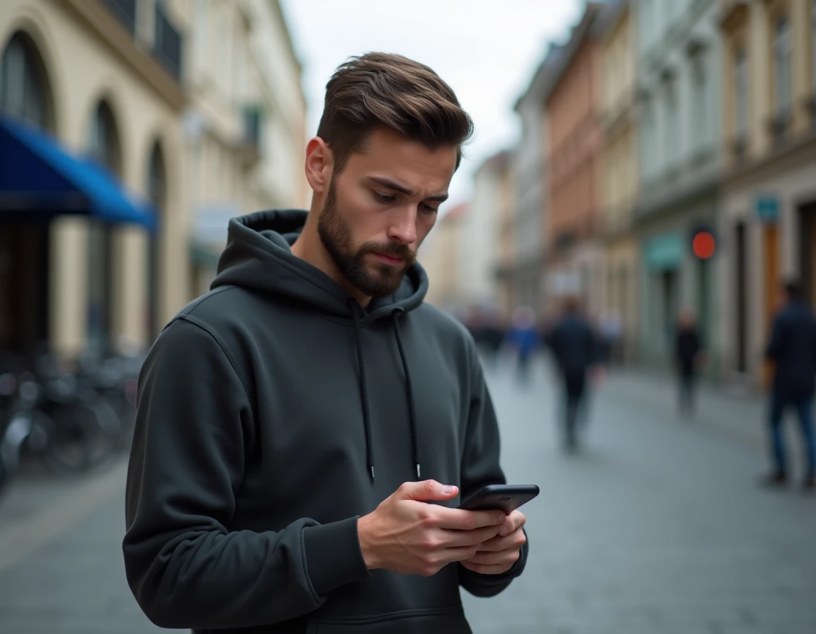Jeune homme en ville vérifiant un appel manqué d'un numéro de portable 06 inconnu sur son smartphone