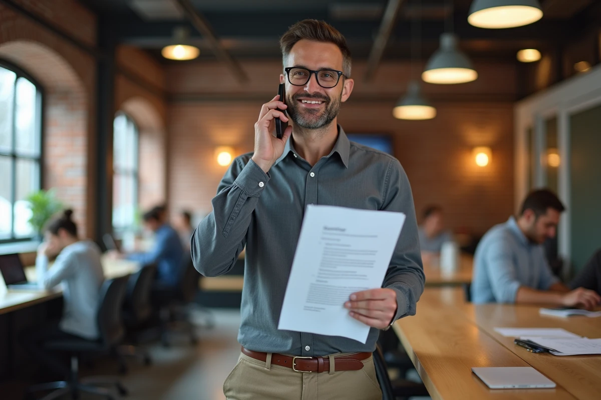 Auto-entrepreneur en déplacement dans un espace de coworking passant un appel professionnel, représentant les solutions de services pour indépendants en 2024