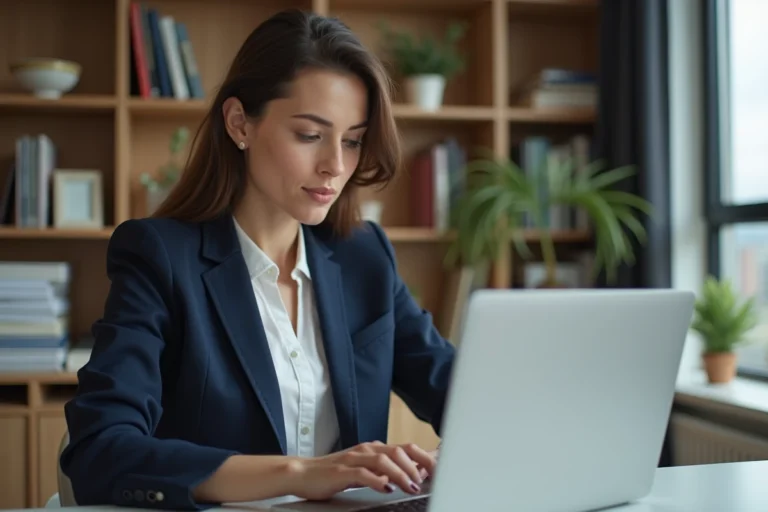 Auto-entrepreneuse concentrée travaillant sur son ordinateur portable dans un bureau à domicile moderne, illustrant les services dédiés aux auto-entrepreneurs en 2024