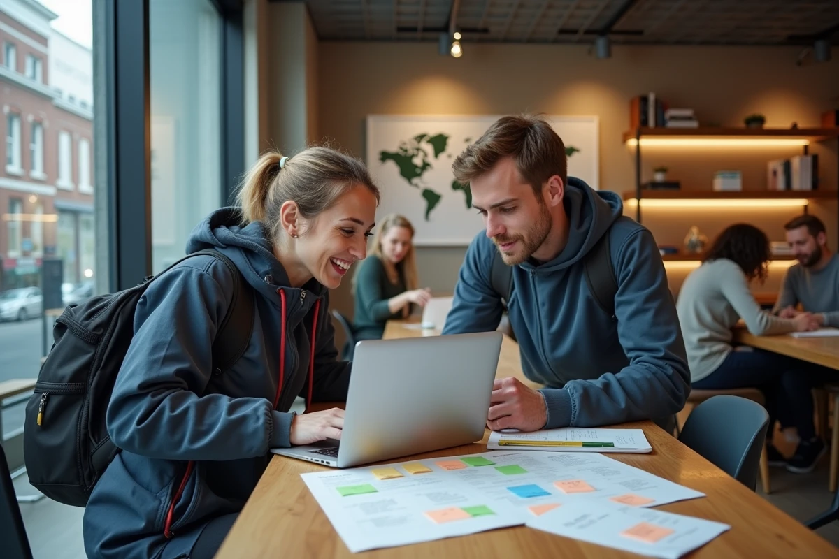 Deux nomades digitaux collaborant autour d'un ordinateur portable dans un espace de travail partagé avec vue sur la ville