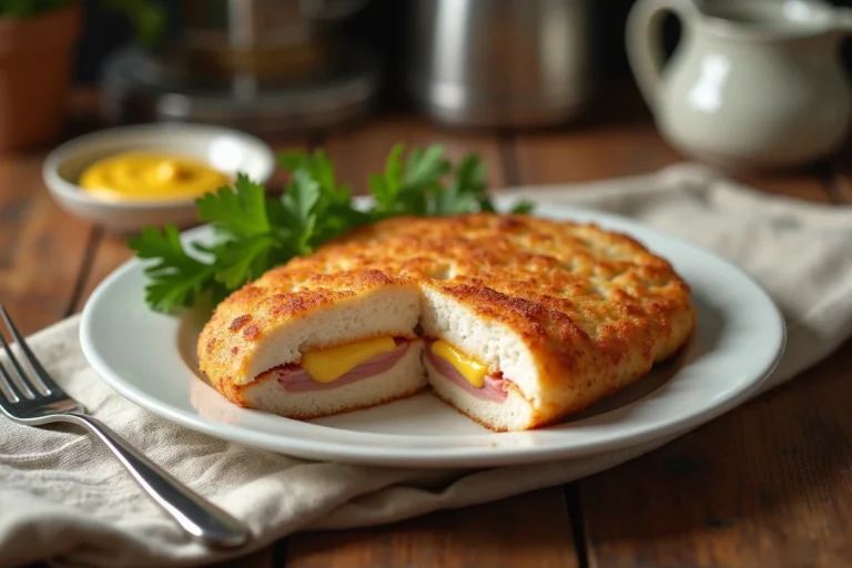 Cordon bleu doré coupé en deux révélant le fromage fondu et le jambon, servi sur une assiette blanche dans une cuisine familiale