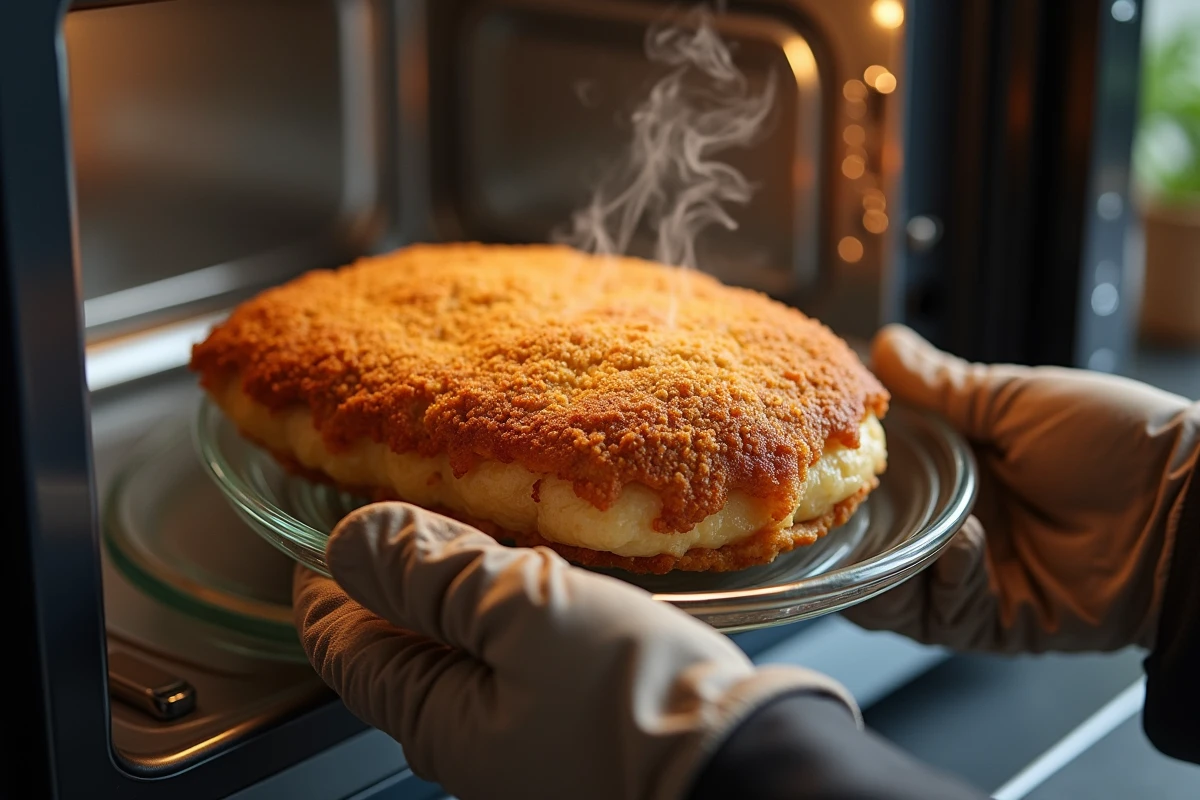 Gros plan d'un cordon bleu chaud sorti du micro-ondes avec de la vapeur s'échappant de la croûte dorée