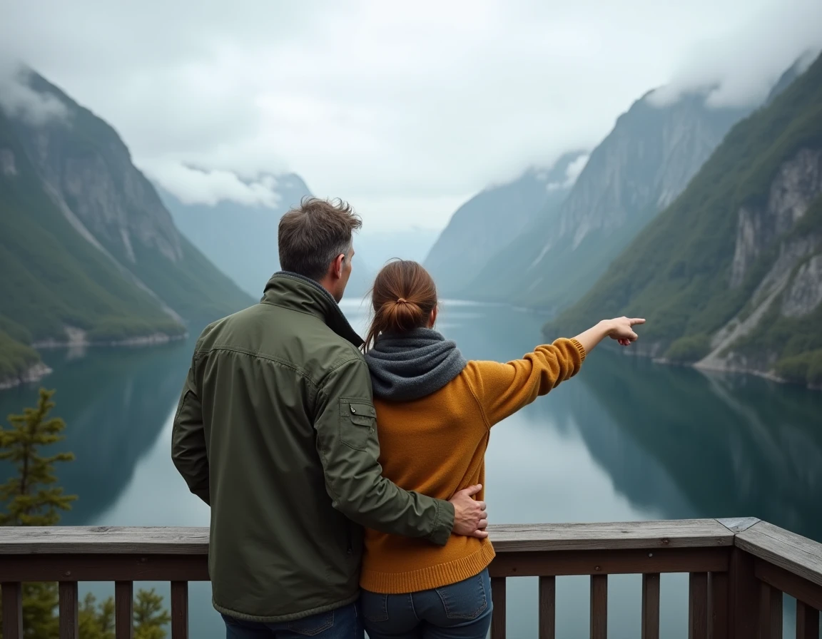 Couple admirant un fjord norvégien enveloppé de brume depuis un belvédère en bois