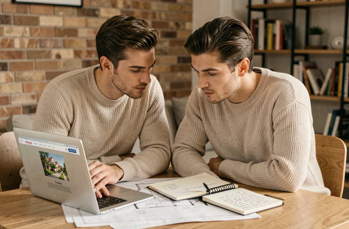 Couple étudiant des plans immobiliers et des documents de projet autour d'une table en bois dans un appartement moderne