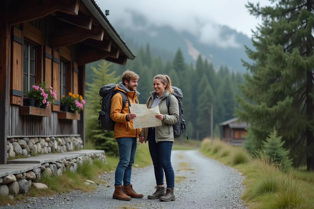 Couple de randonneurs consultant une carte devant un refuge de montagne en bois entouré de forêt alpine