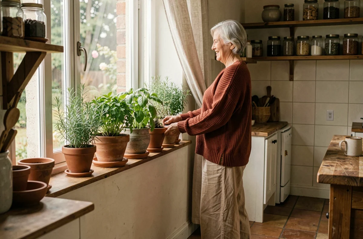 Femme aux cheveux argentés cultivant des herbes aromatiques dans une cuisine rustique pour une maison saine et apaisante