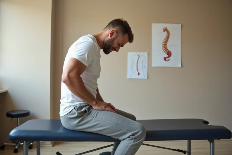 Homme de 45 ans assis sur une table de kinésithérapie tenant sa région lombaire et fessière en raison d'une douleur sciatique