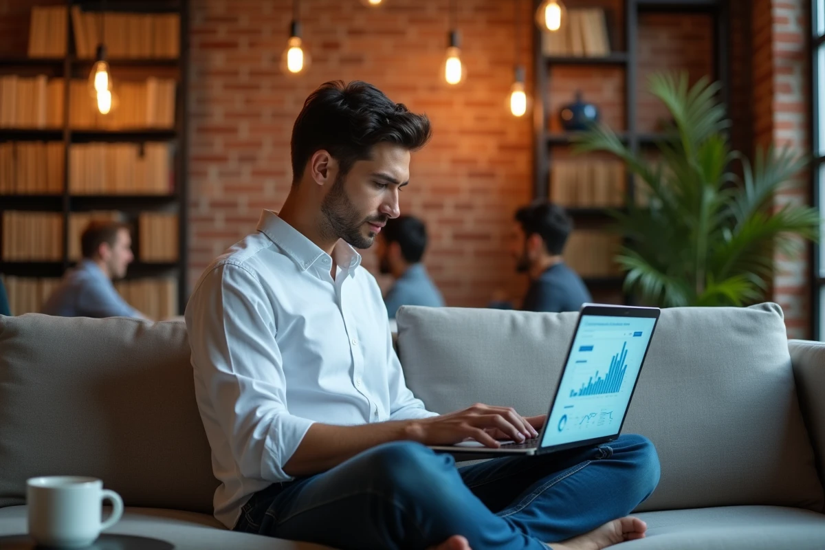 Entrepreneur travaillant sur un tableau de bord ERP depuis un espace de coworking avec son laptop