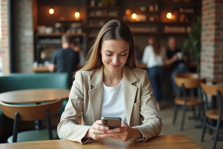 Femme consultant les actualités tendance sur smartphone dans un café urbain moderne