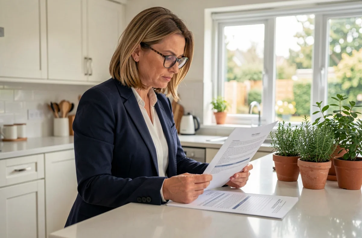 Femme professionnelle analysant des documents financiers et une liste de vérification pour un projet immobilier dans une cuisine moderne