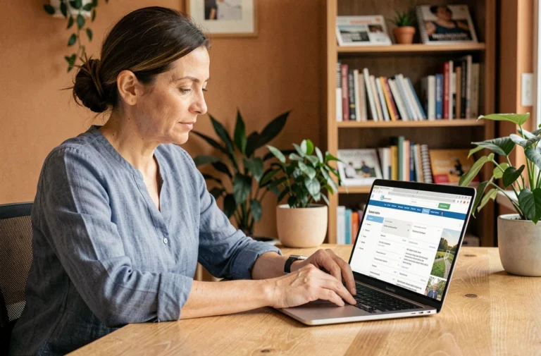 Femme consultant le plan du site de Nantes Info sur un ordinateur portable dans un bureau à domicile