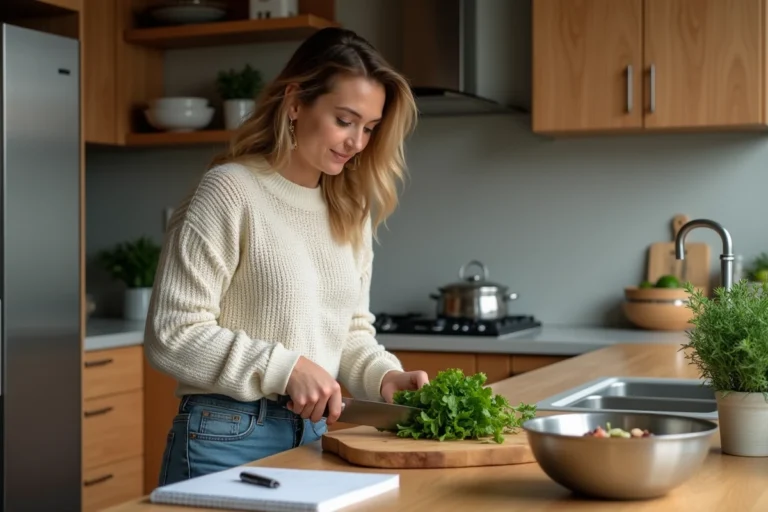 Jeune femme en cuisine coupe des légumes frais