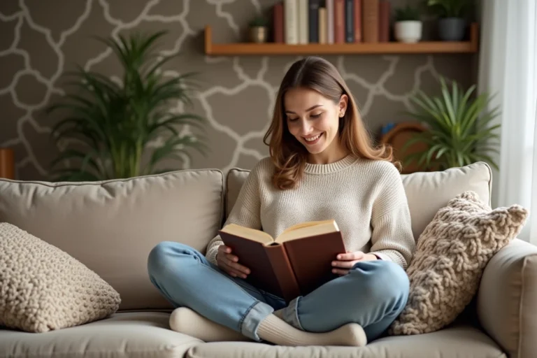 Femme lisant confortablement sur un canapé douillet