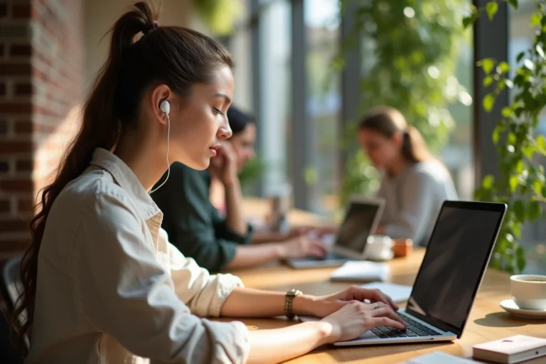 Femme nomade digitale travaillant sur son ordinateur portable dans un café co-working moderne avec plantes et murs en briques
