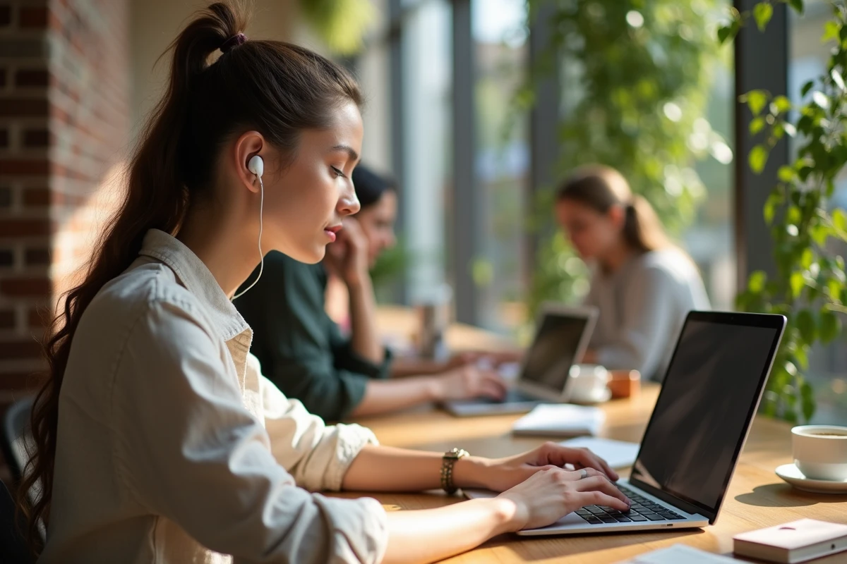 Femme nomade digitale travaillant sur son ordinateur portable dans un café co-working moderne avec plantes et murs en briques