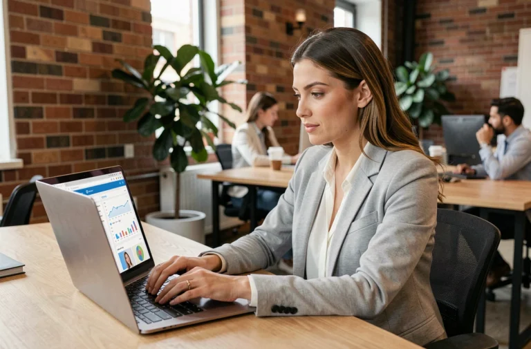 Femme professionnelle travaillant sur un tableau de bord de site web dans un bureau moderne