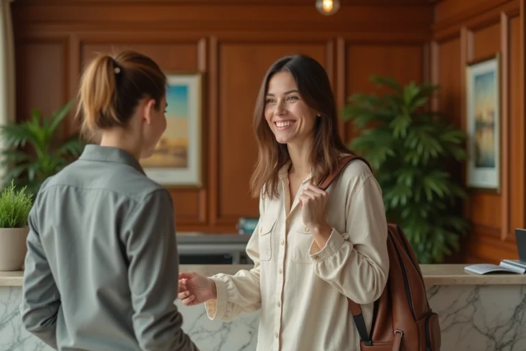 Femme voyageuse qui s'enregistre à la réception d'un hôtel boutique chaleureux avec sourire détendu