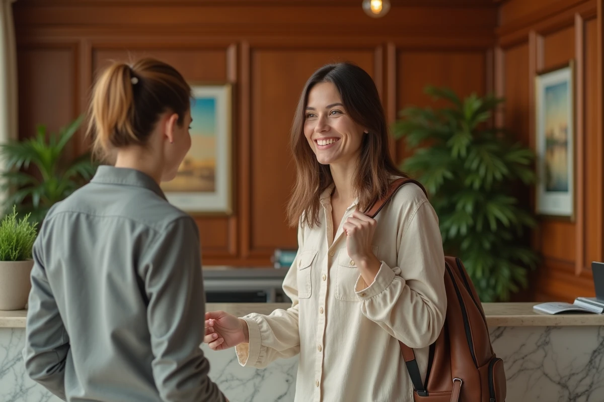 Femme voyageuse qui s'enregistre à la réception d'un hôtel boutique chaleureux avec sourire détendu