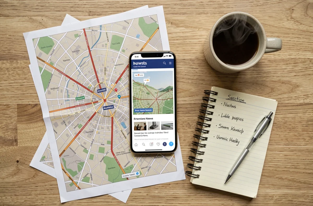 Vue à plat d'un smartphone affichant le plan du site de Nantes Info avec une carte de la ville et un carnet de journaliste