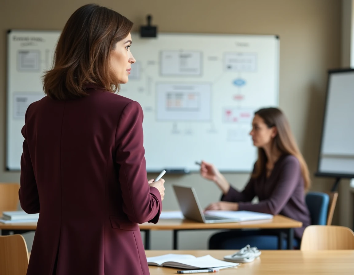 Une professionnelle senior hésite à transmettre ses connaissances à sa successeure lors d'une session de formation en salle de réunion