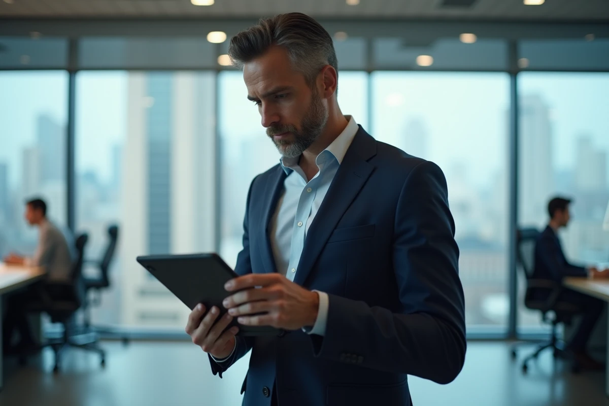 Homme d'affaires consultant les actualités incontournables sur tablette dans un bureau moderne