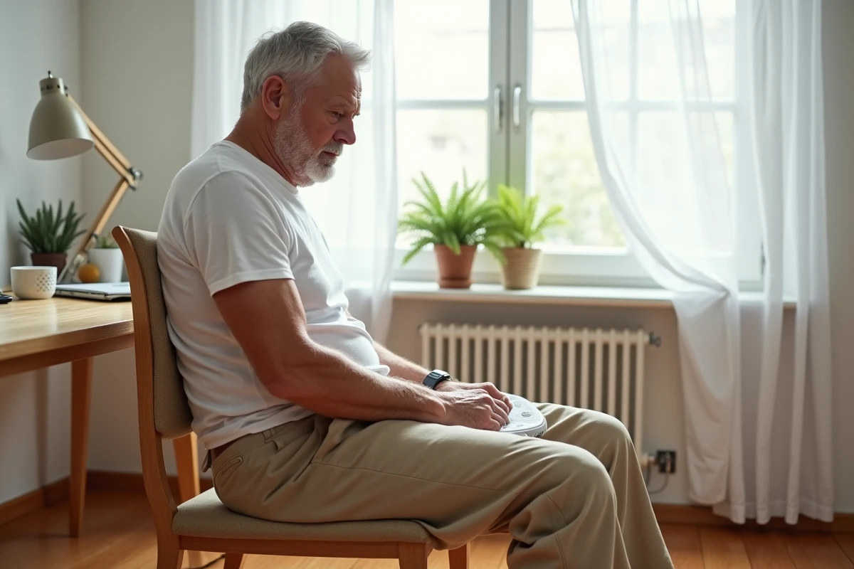 Homme s'asseyant sur un coussin anti-douleur en forme d'anneau pour soulager la douleur du coccyx fracturé