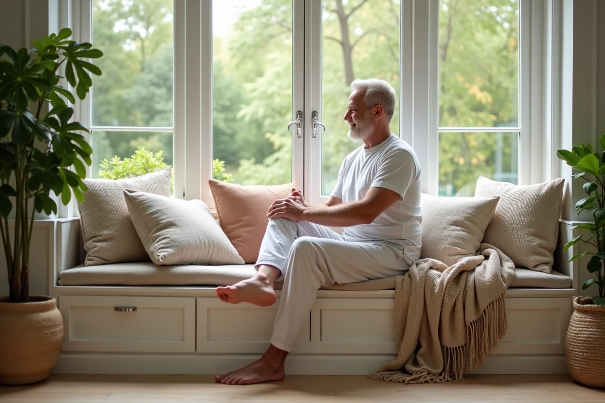 Homme arrangeant coussins sur un coin de fenêtre lumineuse