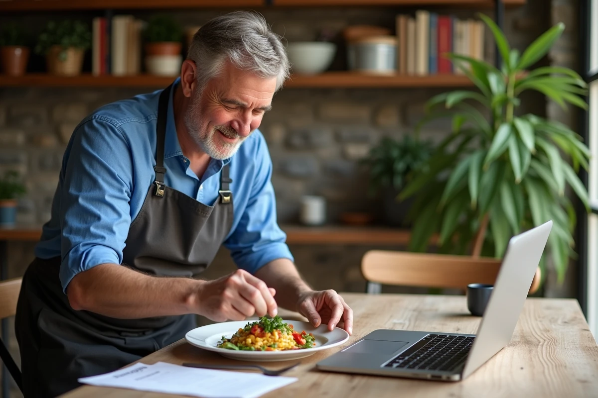 Homme en cuisine prépare un plat coloré à la maison