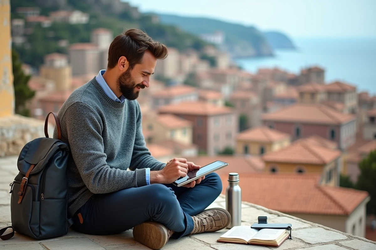 Homme nomade digital travaillant sur une terrasse en pierre avec vue sur une ville méditerranéenne côtière
