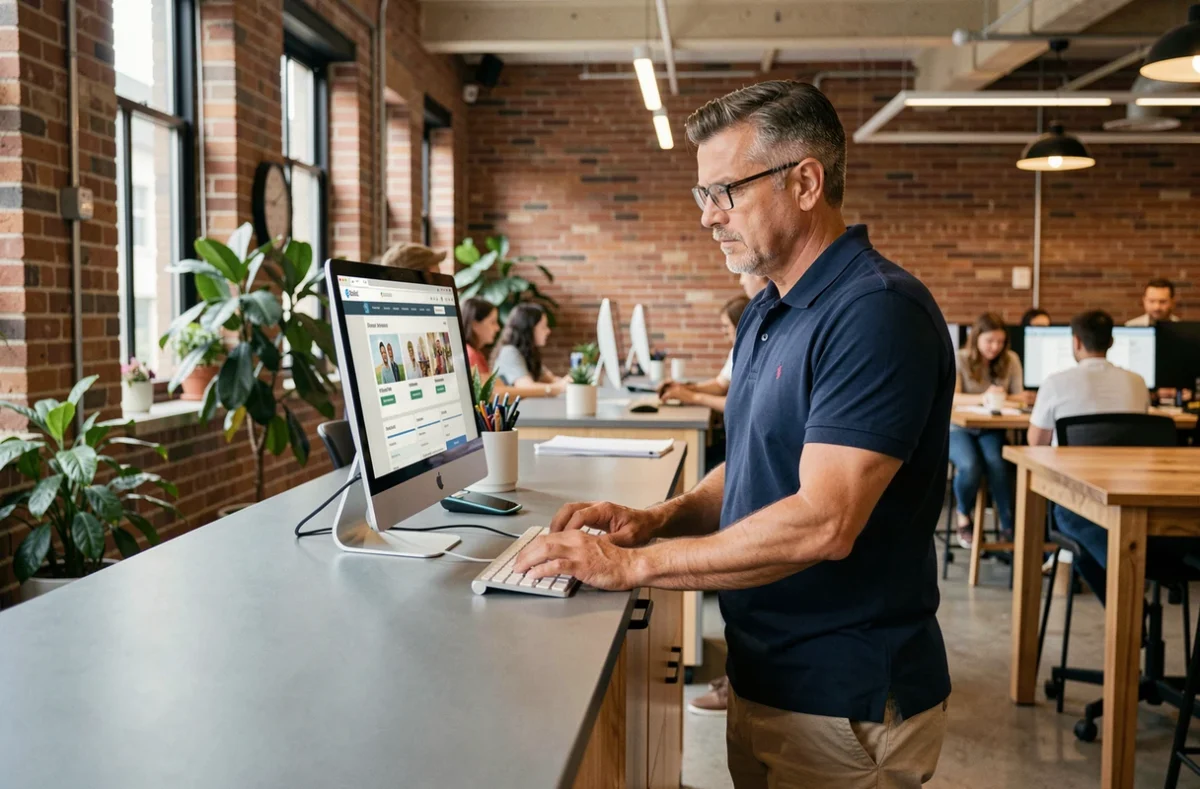 Homme consultant des offres d'emploi locales sur un ordinateur dans un espace de coworking