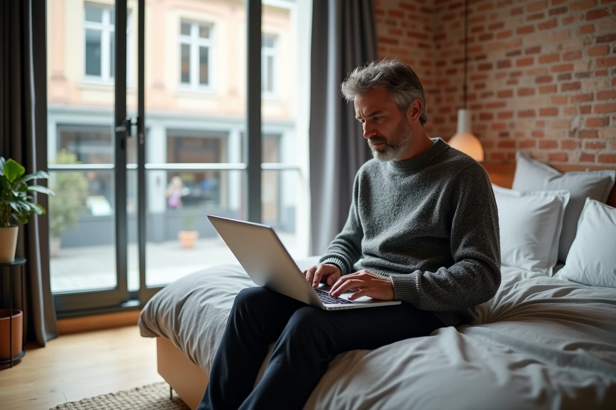 Homme voyageur consultant son itinéraire sur laptop dans un appartement Airbnb moderne avec vue sur rue pavée