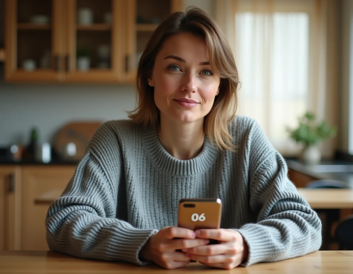 Femme tenant un smartphone affichant un numéro de portable 06 inconnu, cherchant à identifier l'appelant