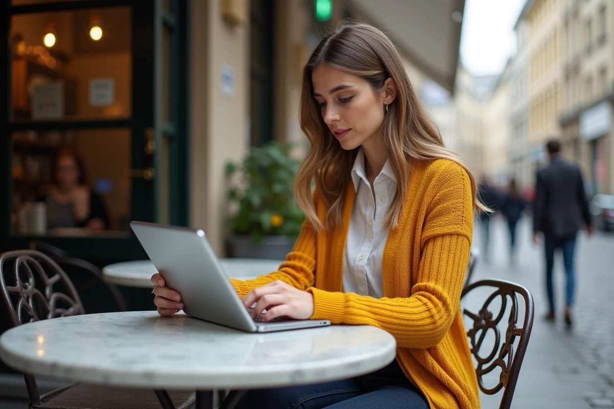 Jeune auto-entrepreneuse travaillant sur sa tablette en terrasse de café à Paris, symbolisant la flexibilité des offres de services pour auto-entrepreneurs