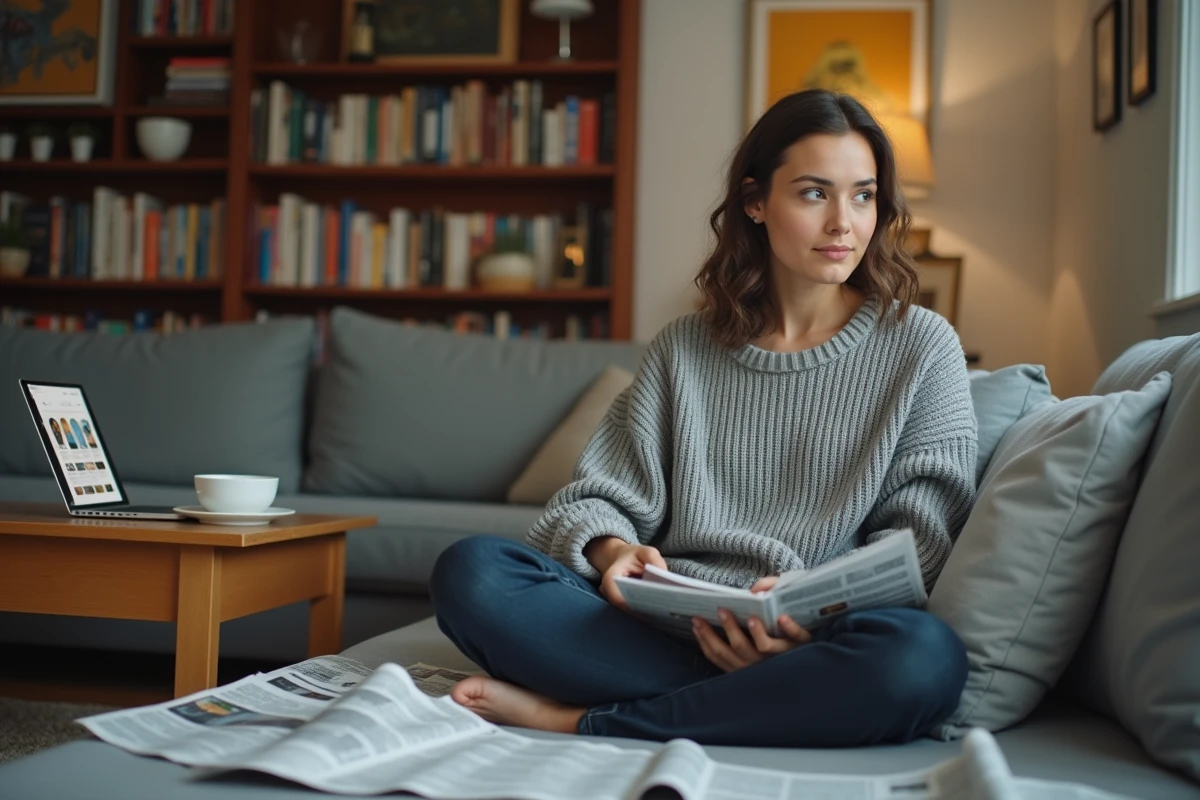 Jeune femme lisant les actualités tendance sur ordinateur et journaux dans un salon cosy