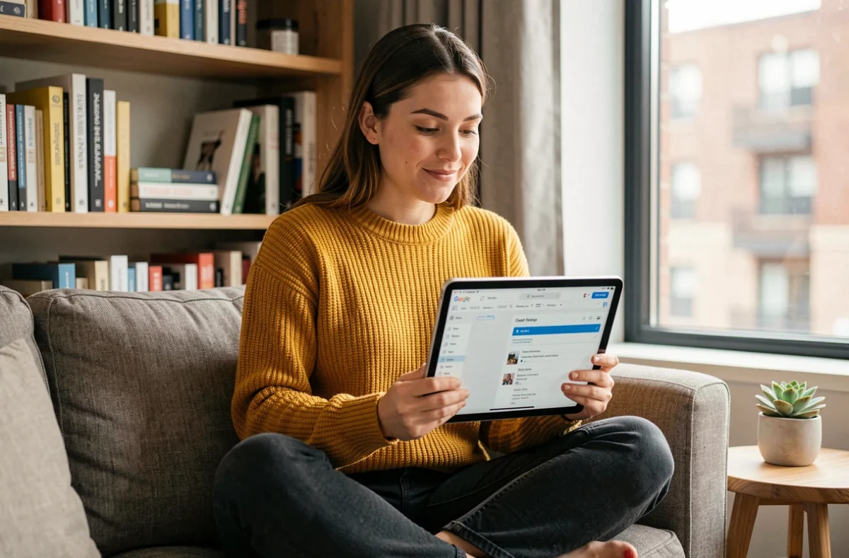 Jeune femme créant un site web sur une tablette depuis son espace de travail à domicile