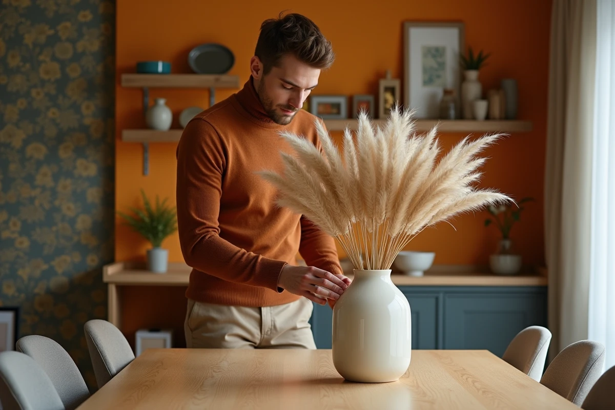 Jeune homme inspectant un vase en céramique avec pampas