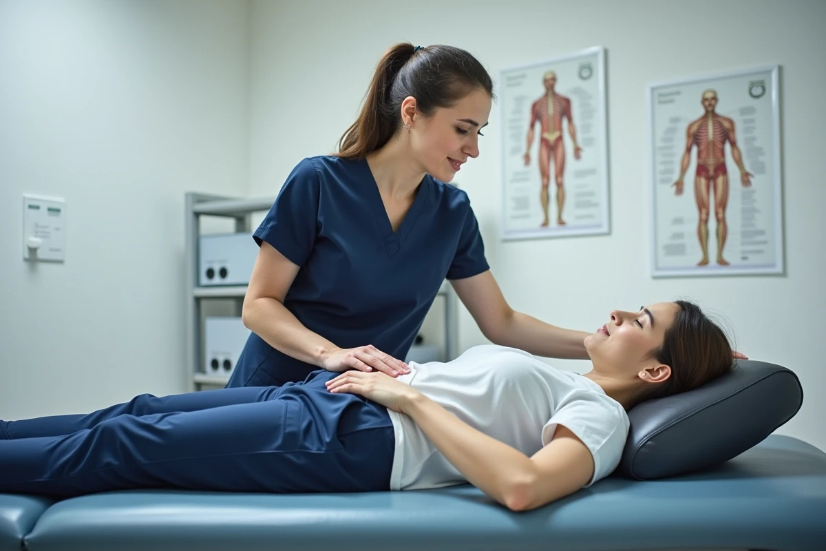 Kinésithérapeute montrant à une patiente la bonne position de sommeil pour soulager la fracture du coccyx avec un coussin de positionnement