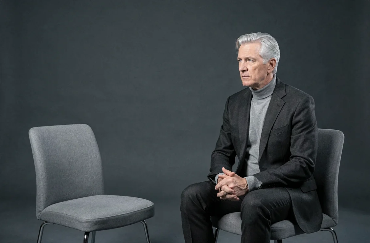 Homme aux cheveux argentés en blazer anthracite assis dans un plateau d'interview minimaliste, posture détendue évoquant une conversation intime sur la vie privée