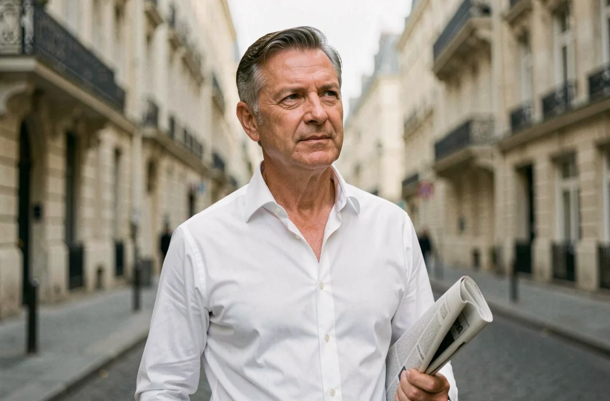 Homme distingué en chemise blanche tenant un journal dans une rue parisienne aux façades haussmanniennes, dans une atmosphère éditoriale naturelle