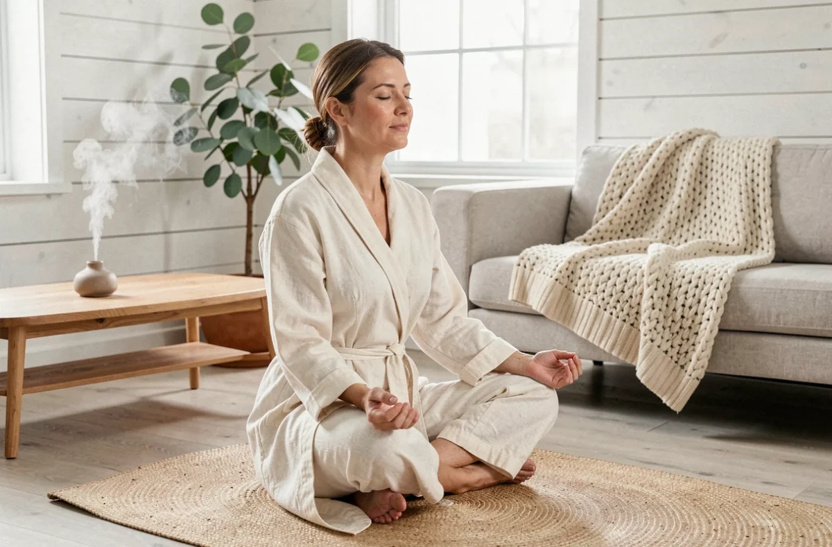 Femme en robe de lin pratiquant la méditation dans un salon scandinave épuré pour un havre de bien-être à domicile