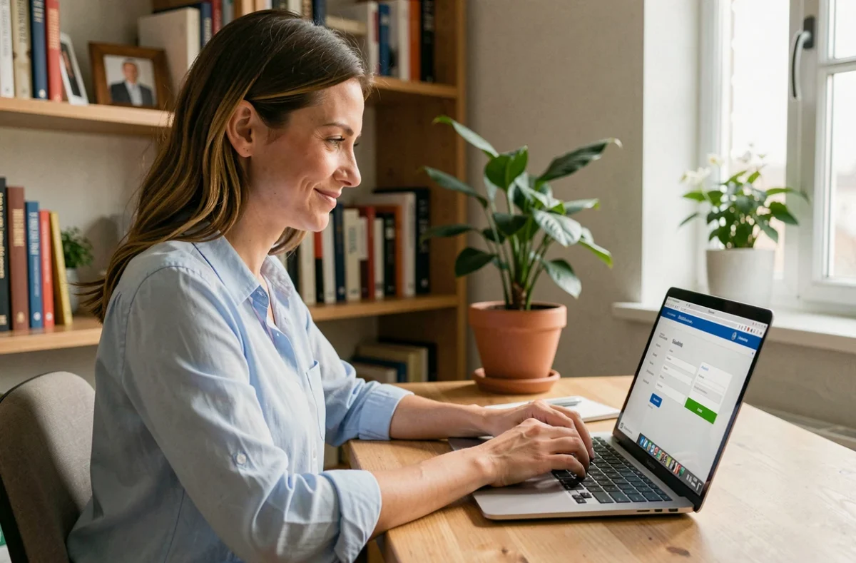 Femme obtenant son acte de naissance en ligne depuis son bureau à domicile