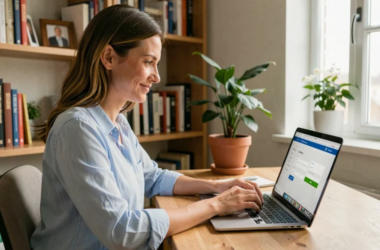 Femme obtenant son acte de naissance en ligne depuis son bureau à domicile