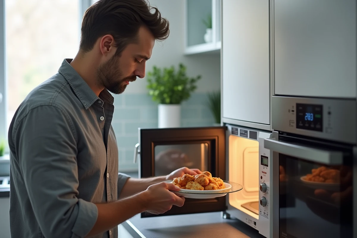 Homme plaçant un cordon bleu sur un plat en verre adapté au micro-ondes avant la cuisson