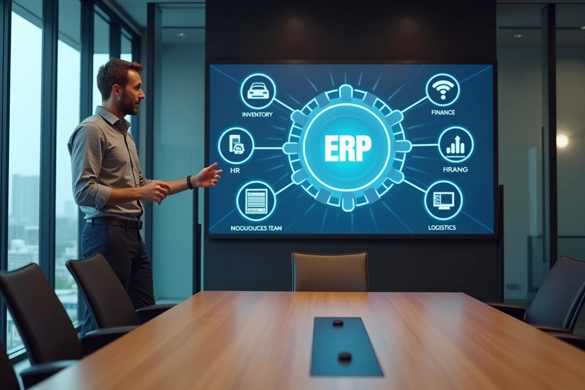 Chef de projet présentant les modules d'un logiciel ERP à son équipe en salle de réunion